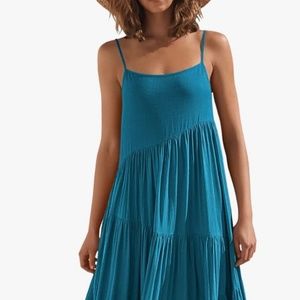 New Women's Maxi Dress Spaghetti Straps Asymmetric Flowy Tiered Medium Teal Blue